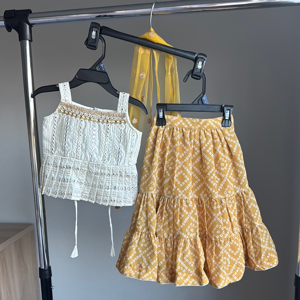 White peplum Top and Yellow Patterned Skirt Leahnga choli Set with dupatta